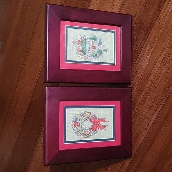 Vintage Christmas Cross Stitch In 5" X 7" Rosewood Frames (Set Of 2) - Picture 4 of 9